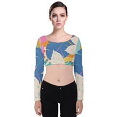 Exotic Leaves Flower Plant And Branches Art Print Botanical Pattern Velvet Long Sleeve Crop Top by Cowasu