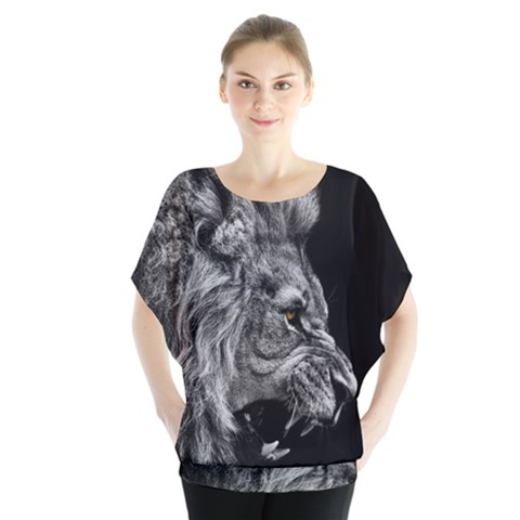 Angry Lion Black And White Batwing Chiffon Blouse by Cowasu