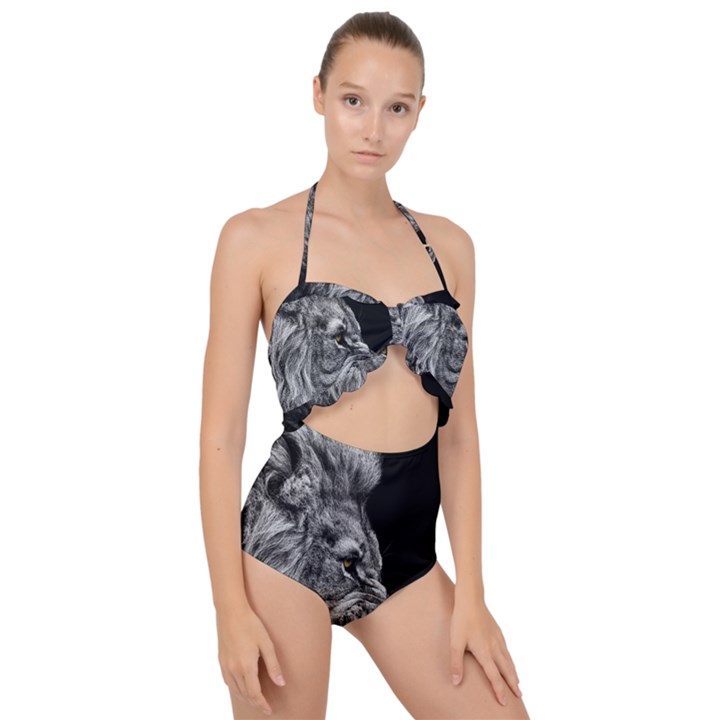 Angry Lion Black And White Scallop Top Cut Out Swimsuit