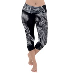 Angry Lion Black And White Lightweight Velour Capri Yoga Leggings by Cowasu