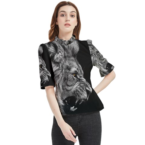 Angry Lion Black And White Frill Neck Blouse by Cowasu