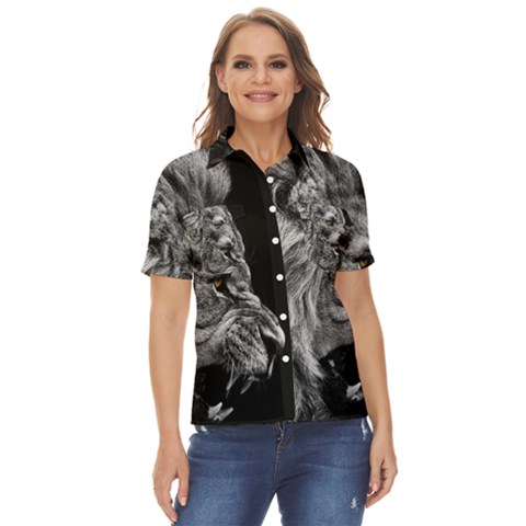 Angry Lion Black And White Women s Short Sleeve Double Pocket Shirt by Cowasu