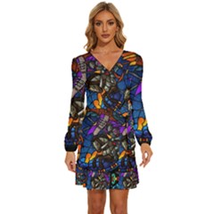 The Game Monster Stained Glass Long Sleeve Waist Tie Ruffle Velvet Dress by Cowasu