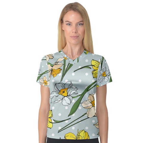 Narcissus Floral Botanical Flowers V-neck Sport Mesh Tee by Cowasu