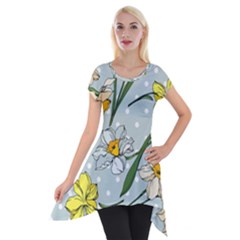 Narcissus Floral Botanical Flowers Short Sleeve Side Drop Tunic by Cowasu