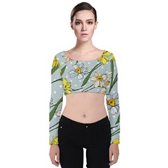 Narcissus Floral Botanical Flowers Velvet Long Sleeve Crop Top by Cowasu