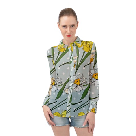 Narcissus Floral Botanical Flowers Long Sleeve Chiffon Shirt by Cowasu