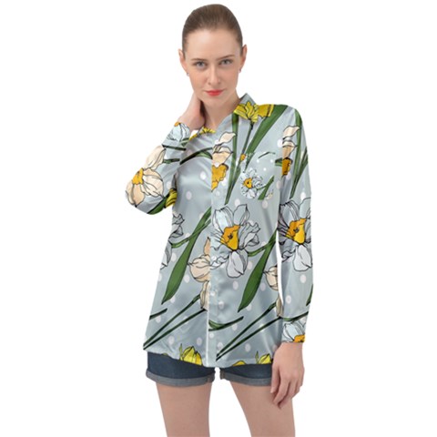 Narcissus Floral Botanical Flowers Long Sleeve Satin Shirt by Cowasu