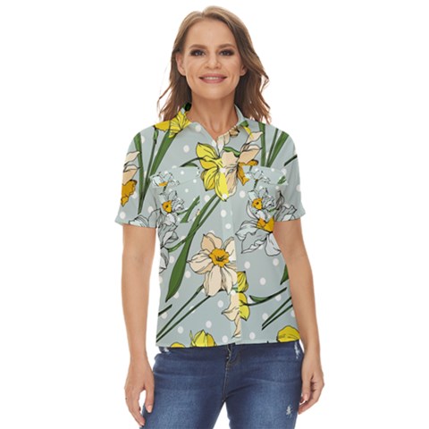 Narcissus Floral Botanical Flowers Women s Short Sleeve Double Pocket Shirt by Cowasu