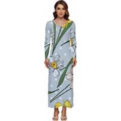 Narcissus Floral Botanical Flowers Long Sleeve Longline Maxi Dress by Cowasu