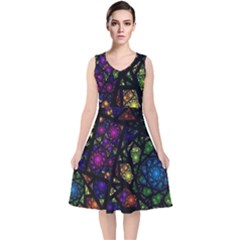 Stained Glass Crystal Art V-neck Midi Sleeveless Dress  by Cowasu