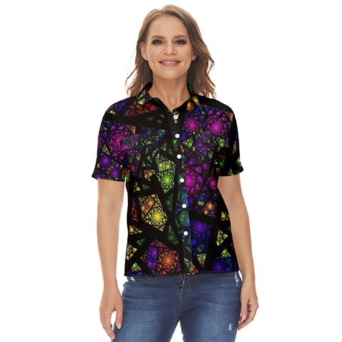 Stained Glass Crystal Art Women s Short Sleeve Double Pocket Shirt by Cowasu