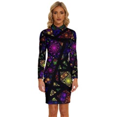 Stained Glass Crystal Art Long Sleeve Shirt Collar Bodycon Dress by Cowasu