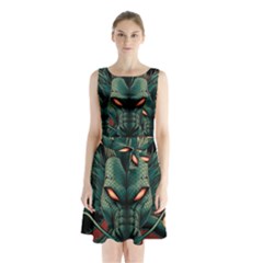 Dragon Art Sleeveless Waist Tie Chiffon Dress by Cowasu