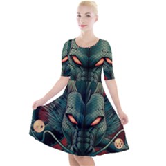 Dragon Art Quarter Sleeve A-line Dress by Cowasu