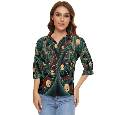 Dragon Art Women s Quarter Sleeve Pocket Shirt by Cowasu