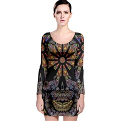 Skull Death Mosaic Artwork Stained Glass Long Sleeve Bodycon Dress by Cowasu