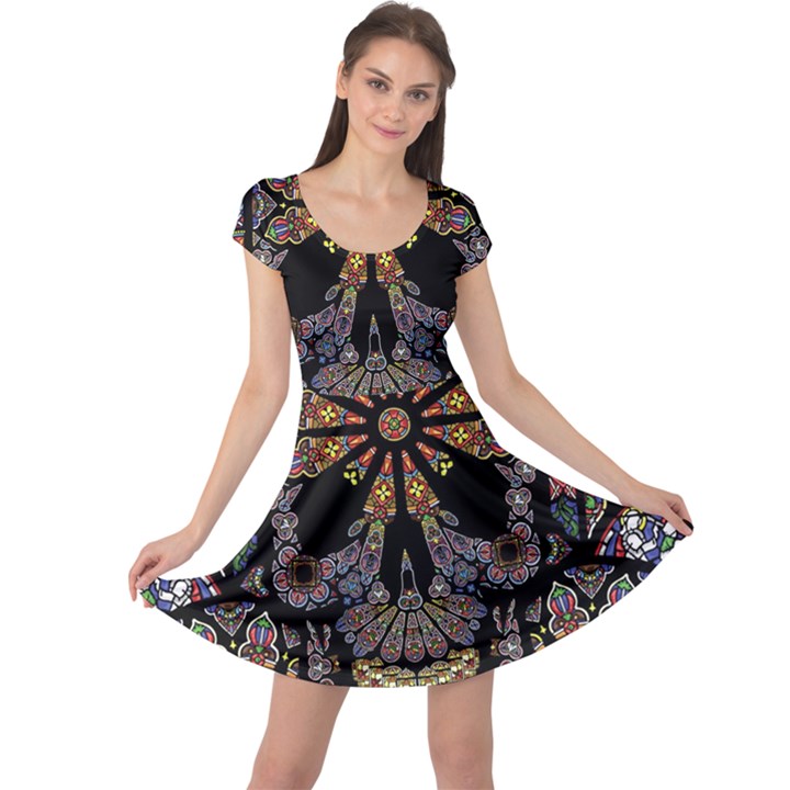 Skull Death Mosaic Artwork Stained Glass Cap Sleeve Dress