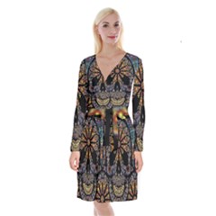 Skull Death Mosaic Artwork Stained Glass Long Sleeve Velvet Front Wrap Dress by Cowasu