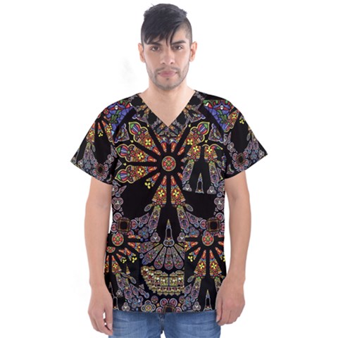 Skull Death Mosaic Artwork Stained Glass Men s V-neck Scrub Top by Cowasu