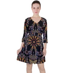 Skull Death Mosaic Artwork Stained Glass Quarter Sleeve Ruffle Waist Dress by Cowasu