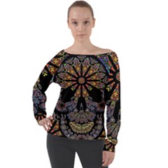 Skull Death Mosaic Artwork Stained Glass Off Shoulder Long Sleeve Velour Top by Cowasu