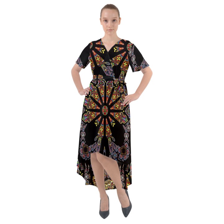 Skull Death Mosaic Artwork Stained Glass Front Wrap High Low Dress