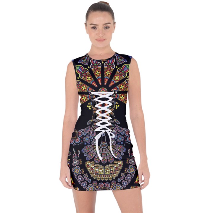 Skull Death Mosaic Artwork Stained Glass Lace Up Front Bodycon Dress