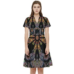 Skull Death Mosaic Artwork Stained Glass Short Sleeve Waist Detail Dress by Cowasu