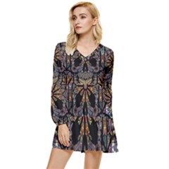 Skull Death Mosaic Artwork Stained Glass Tiered Long Sleeve Mini Dress by Cowasu