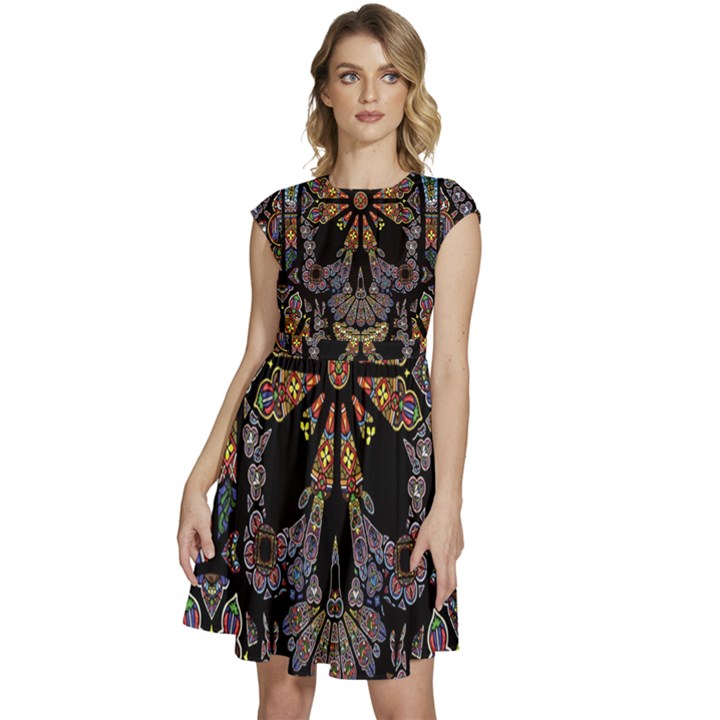 Skull Death Mosaic Artwork Stained Glass Cap Sleeve High Waist Dress