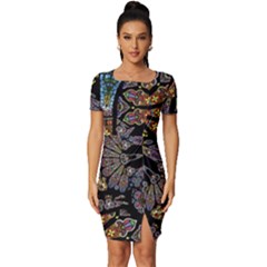 Skull Death Mosaic Artwork Stained Glass Fitted Knot Split End Bodycon Dress by Cowasu