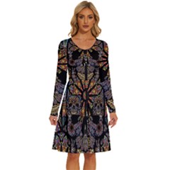 Skull Death Mosaic Artwork Stained Glass Long Sleeve Dress With Pocket by Cowasu