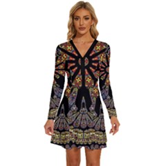 Skull Death Mosaic Artwork Stained Glass Long Sleeve Deep V Mini Dress  by Cowasu