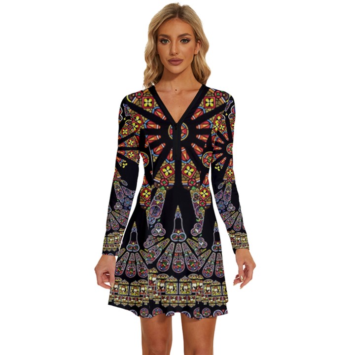 Skull Death Mosaic Artwork Stained Glass Long Sleeve Deep V Mini Dress 