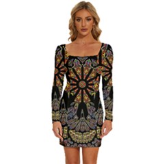 Skull Death Mosaic Artwork Stained Glass Long Sleeve Square Neck Bodycon Velvet Dress by Cowasu