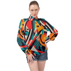 Colorful Abstract High Neck Long Sleeve Chiffon Top by Jack14