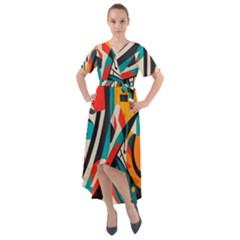 Colorful Abstract Front Wrap High Low Dress by Jack14