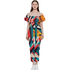 Colorful Abstract Off Shoulder Ruffle Top Jumpsuit by Jack14