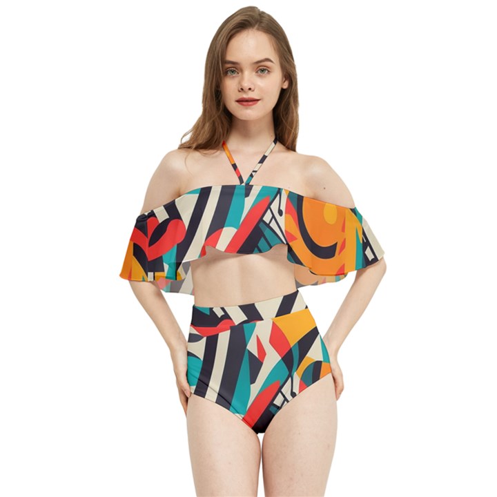 Colorful Abstract Halter Flowy Bikini Set 