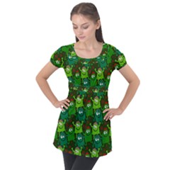 Green Monster Cartoon Seamless Tile Abstract Puff Sleeve Tunic Top by Bangk1t