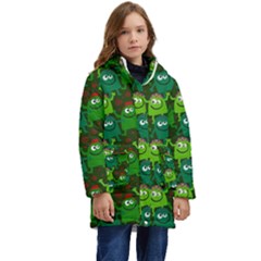 Green Monster Cartoon Seamless Tile Abstract Kids  Hooded Longline Puffer Jacket by Bangk1t