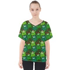 Green Monster Cartoon Seamless Tile Abstract V-neck Dolman Drape Top by Bangk1t