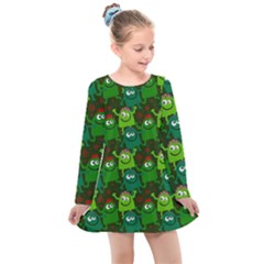 Green Monster Cartoon Seamless Tile Abstract Kids  Long Sleeve Dress