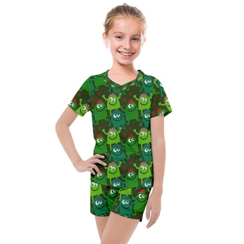 Green Monster Cartoon Seamless Tile Abstract Kids  Mesh Tee And Shorts Set by Bangk1t