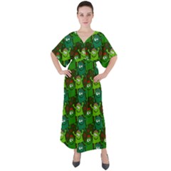 Green Monster Cartoon Seamless Tile Abstract V-neck Boho Style Maxi Dress by Bangk1t