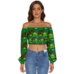 Green Monster Cartoon Seamless Tile Abstract Long Sleeve Crinkled Weave Crop Top by Bangk1t