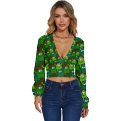 Green Monster Cartoon Seamless Tile Abstract Long Sleeve Deep-v Velour Top by Bangk1t