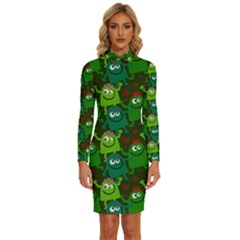 Green Monster Cartoon Seamless Tile Abstract Long Sleeve Shirt Collar Bodycon Dress by Bangk1t