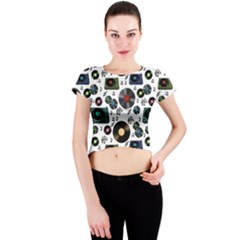 Records Vinyl Seamless Background Crew Neck Crop Top by Bangk1t